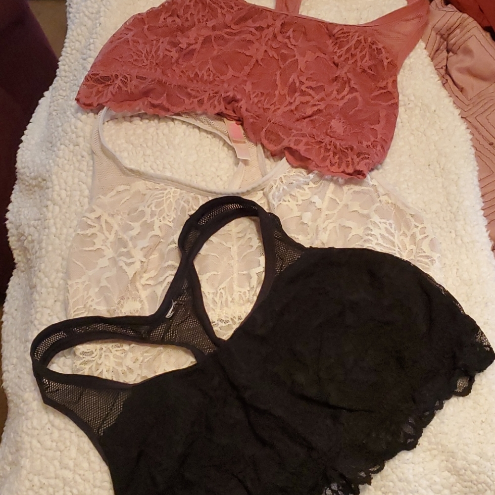 3 VS PINK brand White, Black, and Mauve Bralettes
